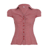 Fongt Cloth Forget British Wind Wood Ear V-Neck Check Shirt Temperament Waist Button Bubble Sleeve Top