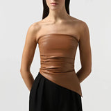 Strapless PU Leather Asymmetrical Top-Outfit