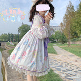 Sweet Anime Lolita OP Dress Women Kawaii Lace Peter Pan Collar Bunny Ear Fairy Dresses Girls Cartoon Print Party Dress-Outfit