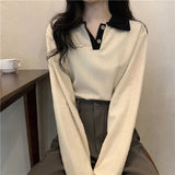 Fongt 2023 New Thin Lapel POLO Long-Sleeved T-Shirt Women's Versatile Show Thin Ins With Student Top