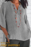 Quarter Sleeve Gray Vintage Office Top Retro Women Summer Solid V Neck Pullover Loose Casual Streetwear Femme Blouse