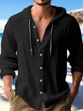 Fongt New Fashion Spring And Summer Men's Hooded Shirt Solid Cotton And Cotton Leisure Long-Sleeved Top.