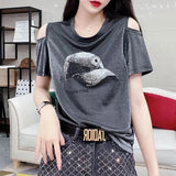 Street Solid Color T-shirt Female Clothing Chic Diamonds 2023 New Summer Stylish Off Shoulder Casual O-Neck Loose Pullovers-Outfit