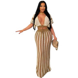 Fongt Knitted Suit Woman Sexy V-Necked Leaf Sleeve Top + Striped Ass Skirt Two