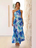 Fongt Women's New Printed Dress Fashion Sexy Slanted Shoulder Folded Empty Dress 8062