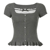 Fongt Cloth Forget French Ballet Style Striped Bow Lace Spliced Skirt Dress Suit