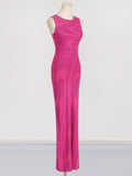 Fongt 2025 New Round-Neck Elastic Body Abstract Cuffless Knitted Long Dress Women Tight-Up