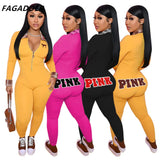 PINK Letter Embroidery Bodycon Jumpsuit Fashion Plaid Patchwork Bodysuits Long Sleeve Sexy Zipper Playsuits