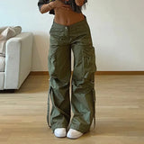 Fongt Hottie Vintage Tie Multi-Pocket Cargo Pants Female Low Waist Loose Straight Pleated Spindle Pants-Outfit