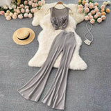 Fongt Suit Women Feel Low-Neck Short Top With High-Waisted Flared Trousers Fashion Two Sets