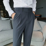 New Design Men High Waist Trousers Solid England Business Casual Suit Pants Belt Straight Slim Fit Bottoms White