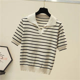 Vintage Short Sleeve Knitted T-shirts Girls Basic Striped Stretchy V-neck TShirts Tops For Women-Outfit
