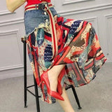 Casual Denim Patchwork Chiffon Skirt 2023 Summer New Office Lady Commute All-match Printed A-Line High Waist Midi Skirts-Outfit