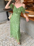 Fongt Xixi 2025 Summer New High-Waisted Print Temperament Shoulder Lotus Leaf Side Dress High-End Dress 88360