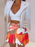 Women Summer Print Skirt Two Piece Set Female Office Slim Fit Folds Skirt Outfits Casual Loose Pleated Party Skirt Matching