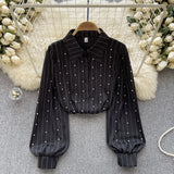 Socialite Style High-End Shirt Autumn And Winter Lantern Sleeve Diamond-Encrusted Loose Design Minority Light Extravagant Blouse-Outfit