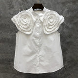 TWOTWINSTYLE White Fold Pleated Shirt For Women Peter Pan Collar Sleeveless Solid Minimalist Button Through Blouse Female