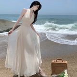 Chic Stunning Sleeveless Collar Hanging Neck Dress Summer New Gentle Temperament Closed Waist Show Thin Long Skirt-Outfit