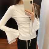 Style Simple Solid Color Flared Sleeve T-Shirt Women's Autumn And Winter New Style Chic Chic Thin