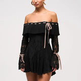 Black Off-Shoulder Lace Sleeve Mini Dress-Outfit