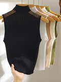 Knitted Top Women Y2K Tank Top Half Neck Vest Female Sleeveless Sweater Chic Cut Out Streetwear Solid Skinny White Tube-Outfit