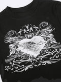 Vintage Heart Print Short Sleeves Tee-Outfit