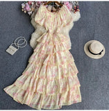 Fongt Floral And Haffin Dress Women's New Summer Bubble Short Sleeves To Close The Waist Thin Holiday High-End Cake Dress