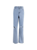 Blue Wash Straight Leg Knee Ripped Jeans-Outfit