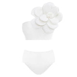 One-Shoulder Three-Dimensional Flower High-Waisted Solid Color Split Swimsuit Woman 2025 New