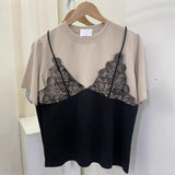 Two Piece Ropa Mujer Contrast Lace Patchwork Tops Loose T Shirt Short Sleeve Camisetas Summer Round Neck Clothes Women-Outfit