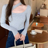 Fongt 2024 New Product Sexy Slim Show Thin Student Jacket Design Sense Hanging Neck Long-Sleeved T-Shirt Bottom Shirt Female