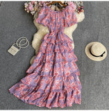 Fongt Floral And Haffin Dress Women's New Summer Bubble Short Sleeves To Close The Waist Thin Holiday High-End Cake Dress