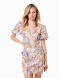 Fongt New V-Neck Three-Dimensional Flower Bag Lantern Sleeve Dress Sexy Embroidery