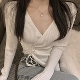 Pullover Long-sleeved V-neck Slim Sweater Cross Pleated Drawstring Knit Top 2023 Spring Autumn New Clothing Women-Outfit