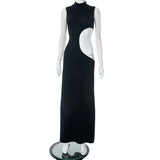 Black Mock Neck Tank Side Cut Out Maxi Dress-Outfit