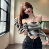 Shoulder T Shirt Spring Autumn Slim Casual Expose Navel Stripe Long Sleeves Women's Crop Top Korean Version-Outfit