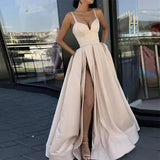 Women's Evening Wedding Party Dress Solid Elegant Side Slit A-Line Satin Sleeveless Straps Banquet Maxi Long Dress