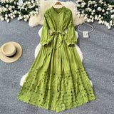 Fongt Retro Hollow Hook Lace Splicing Bow Strap With Waist Single Buckle Over Knee Dress New Autumn New