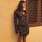 Black Lace Layered Long Sleeve Mini Dress-Outfit