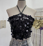 Heavy Industry Bling Bling Glide Hanging Neck Sling Vest One-Style Wrapping Tie With Large Bare Back Blouse