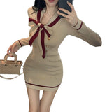 Temperament Famous Lady Small Fragrant Wind V Collar Long-Sleeved Dress Women Autumn Waists Thin Hotties Knitted Hips Short