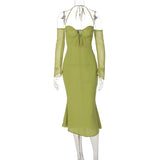 Fongt High Waist Hanging Neck Sexy Back Solid Color Slim Fish Tail Temperament Dress Long