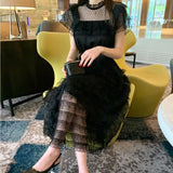 Fashion Designer Dress Summer Women's Dress Stand Collar Short sleeve Mesh lace-up Black Party