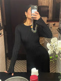 Fongt Spring Knitting Bottom Long Sleeve Long Dress Women's Round Neck Solid Color Strap High Waist Tight