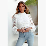 Women's Long Sleeve Lace Blouses Tops White Crochet Hollow Out Turtleneck Stylish Cropped Shirts Female Pullovers