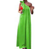 Fongt Spot 2024 Women's Fashion Satin Sleeveless Diagonal Collar Medium Long Holiday Dress-Outfit