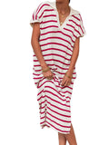 Fongt Summer Dress Women's V-Neck Stripe Low Slit Lapel Long Sweater Even-Outfit