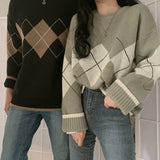 Argyle Sweaters Autumn Winter Pullovers Long Sleeve O-Neck Loose Knitted Korean Tops Casual Vintage Jumper Sueter