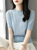Sweater T-Shirt Women's Wear New Summer Half-High Collar Chic Premium Ice-Sensitive Silk Black Blouse Thin-Outfit
