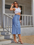 Side Slit Buttoned Denim Midi Skir-Outfit